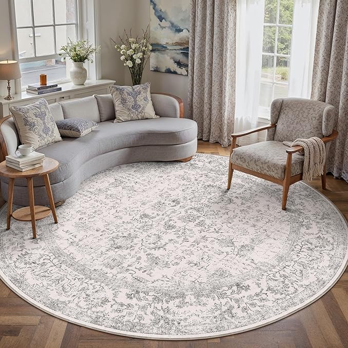 Grey Round Area Rug 8ft Entryway Door Mat Small Circle 8x8 Kitchen Vintage Carpet Non Slip Indoor Bedroom Washable Distressed Floral Retro Accent Throw Rug Office Bathroom