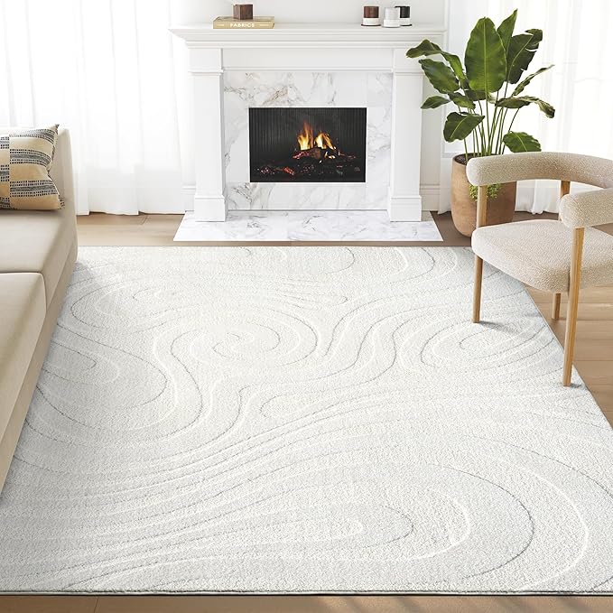 Abani Cozy Cream Area Rug for Living Room, Bedroom - Swirl Waves Pattern - 2' x 3' - Durable & Easy to Clean