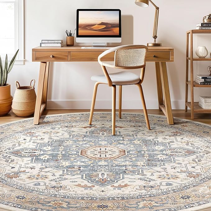 Round Rug Living Room Rugs: 10Ft Washable Boho Neutral Large Circle Soft Indoor Distressed Stain Resistant Floor Farmhouse Carpet for Bedroom Nursery Kids Playroom Office Dining Room Dorm- Beige Blue