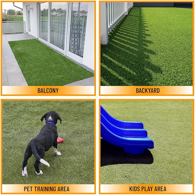 Ottomanson 2'7" x 14' Artificial Faux Grass Rug - Realistic Turf with UV Protection - Perforated for Easy Drainage - Durable, Hose-Off Synthetic Lawn Carpet for Indoor & Outdoor Use, Green