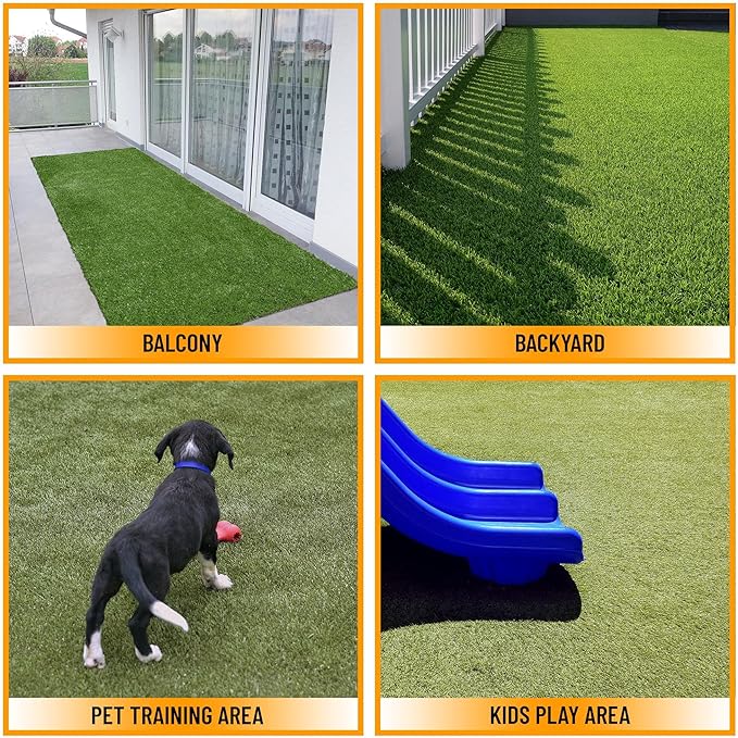 Ottomanson 2'7" x 23' Artificial Faux Grass Rug - Realistic Turf with UV Protection - Perforated for Easy Drainage - Durable, Hose-Off Synthetic Lawn Carpet for Indoor & Outdoor Use, Green
