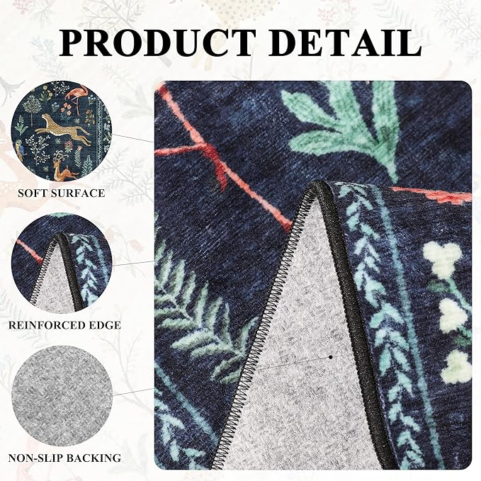 DUKINO 4ft Round Rug, Washable Round Area Rug, Non Slip Indoor Low Pile Animal Design, Soft Small Vintage Circle Carpet for Bedroom, Entryway, Living Room, Dining Room, Navy Blue
