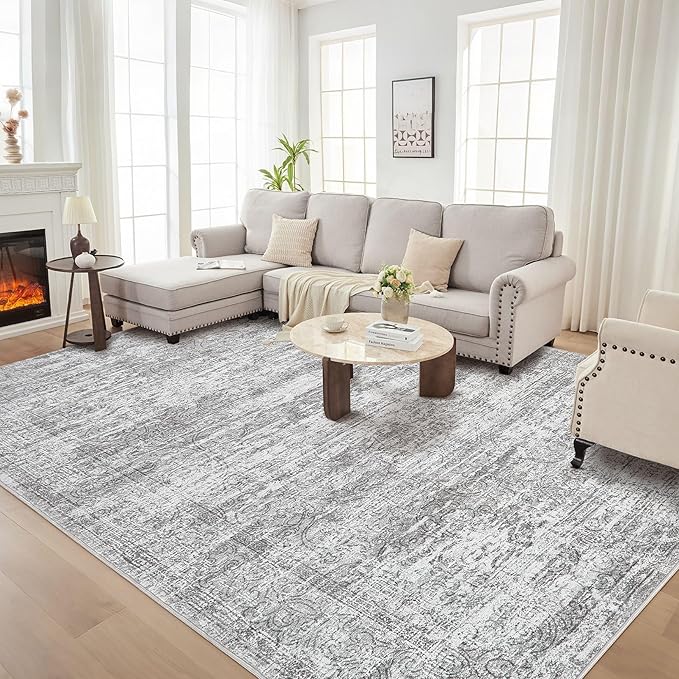 Area Rug Living Room Rugs - 6x9 Abstract Large Soft Indoor Washable Rug Neutral Modern Low Pile Carpet for Bedroom Dining Room Farmhouse Home Office - Vintage Grey