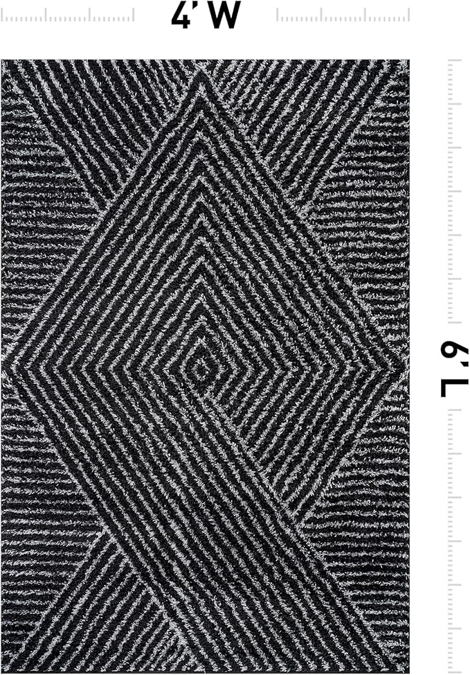 Rugshop Geometric Diamond Stripe Shag Area Rug Anthracite Dark Gray 4' x 6' Ideal for Small Living Rooms, Offices, or Beside The Bed