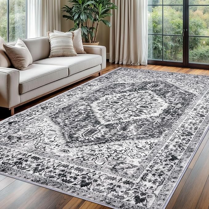 KOZYFLY Boho Area Rug 6x9 Ft Thin Rugs for Living Room Washable Bedroom Rug Non Slip Rugs for Living Room Printed Faux Wool Bedroom Rug Floor Carpet for Dining Room, Grey
