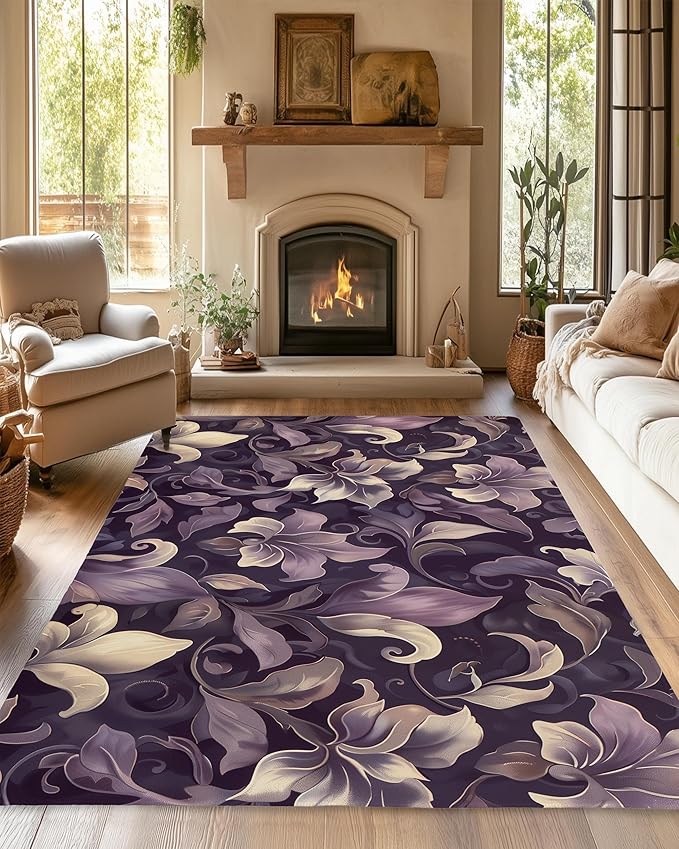 Purple Luxury Floral Texture Rug for Living Room 5x7, Low Pile Non-Slip Backing, Machine Washable Easy Fold Rug for Home, Office, Dorm Room