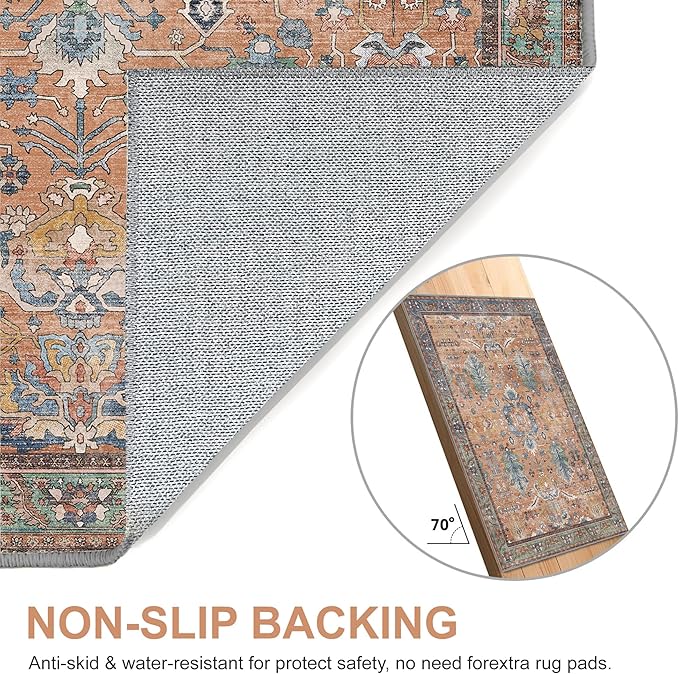 Bavni Washable Rug-6x9 Area Rugs for Bedroom Non-Slip, Ultra Thin Low Pile Living Room Rug, Modern Printed Decorative Rug for Dinning Room Office, Terracotta/Blue