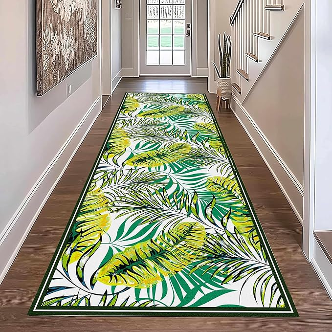 Green Botanical Tropical Leaves Rug 2.6x10ft - Non-Slip Washable Runner, Soft Durable Floor Mat for Hallway, Kitchen, Bedside, Entryway Home Decor