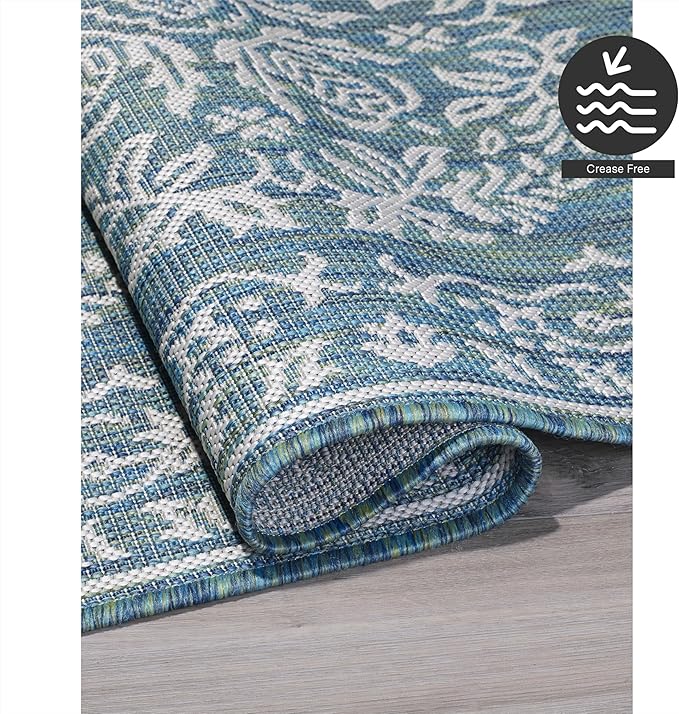 FH Home Flat Woven Outdoor Rug - Waterproof, Easy to Clean, Stain Resistant - Premium Polypropylene Yarn - Persian Farmhouse - Large Patio, Deck, Sunroom - Marbella - Ocean - 7ft 10 in x 10ft 9in