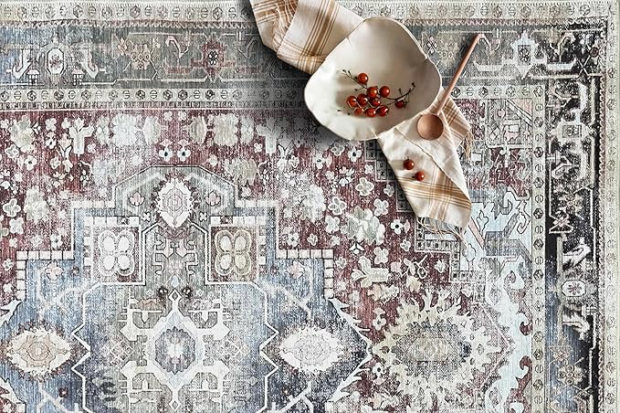 Fame Living Faded Oushak Rug, Turkish Vintage Floral Pastel Large Oversized Area Rugs for Living Room Dining Bedroom Kitchen Bathroom Nursery (848CrNv, 2' x 3')
