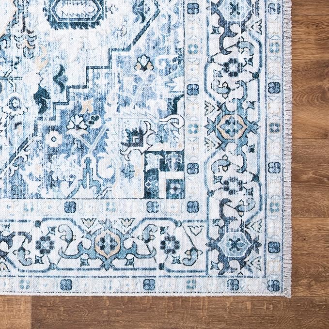 Bloom Rugs Caria Washable Non-Slip 5x7 Rug - Blue Traditional Area Rug for Living Room, Bedroom, Dining Room, and Kitchen - Exact Size: 5' x 7'