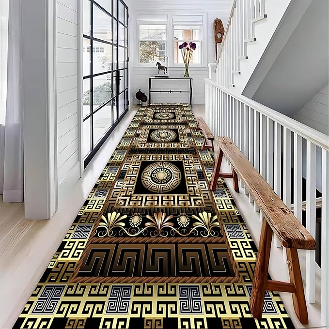 Luxury Greek Key Runner Rug, 4x12ft, Black Gold Arabic Style Long Hallway Rug Runners, Modern Black Gold Rugs for Living Room, Easy Clean Pet Friendly Non-Slip Mat for Entryway Floor