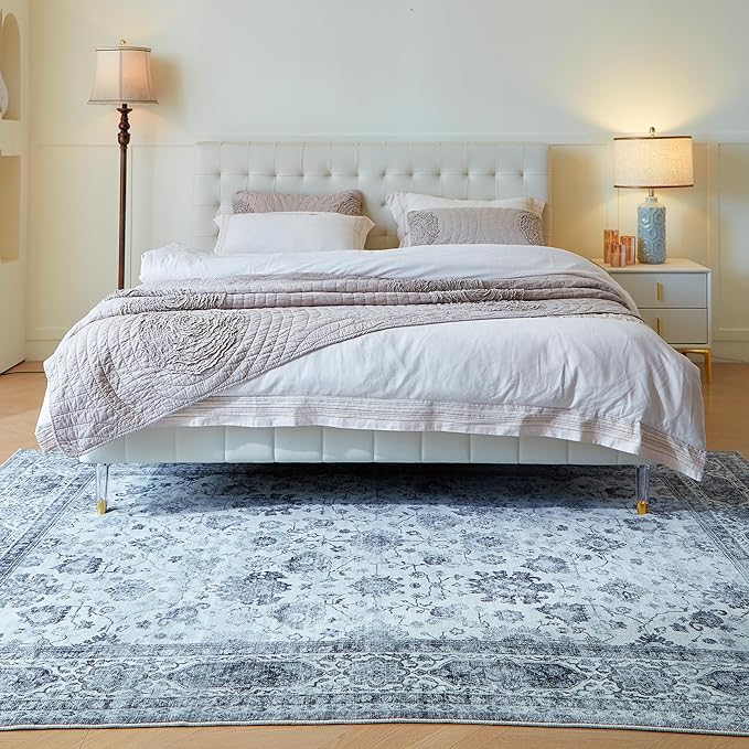 Rugcomf Runner Rug 2'x6' Hallway Washable Boho Soft Area Rug Non-Slip Non-Shedding Faux Wool Vintage for Kitchen, Entryway, Laundry, Bedroom, Indoor (Grey and White)