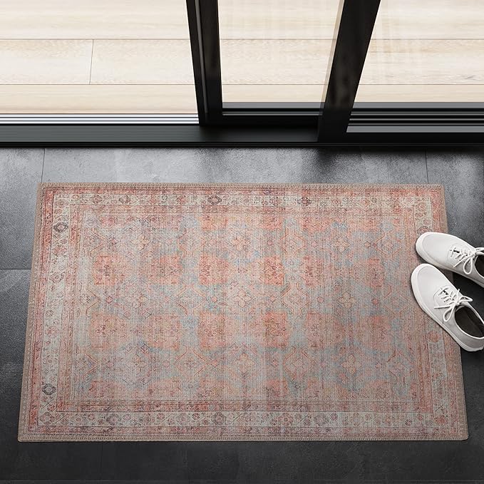GLN Rugs Traditional Collection - Machine Washable Area Rug, Traditional Washable, Non Slip, Low Pile Chenille Rug, Living Room, Bedroom, Kitchen Rug (2' x 3' Terra/Multicolor 1153)