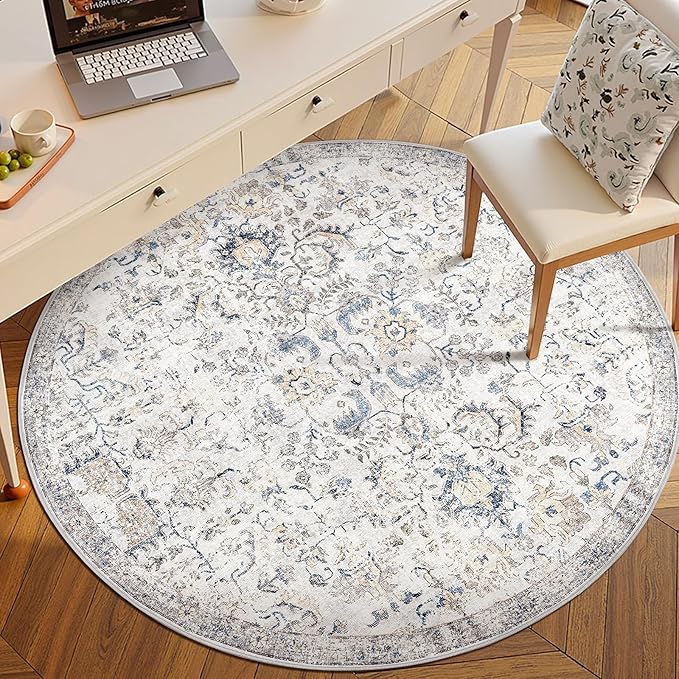 jinchan Kalen Round Rug 6ft Area Rug Washable Vintage Indoor Retro Floor Cover Distressed Floral 6' Round Circle Boho Non Slip Thin Carpet for Living Room Dining Room Bedroom Kitchen Blue
