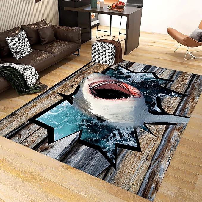 Sea Shark Kids Rugs, 6x9ft, Fierce Shark 3D Printed Carpet for Indoor, Marine Animals Broken Wooden Boards Realistic Effect Floor Mat, Dirty Resistant Machine Washable Carpets for Dorm