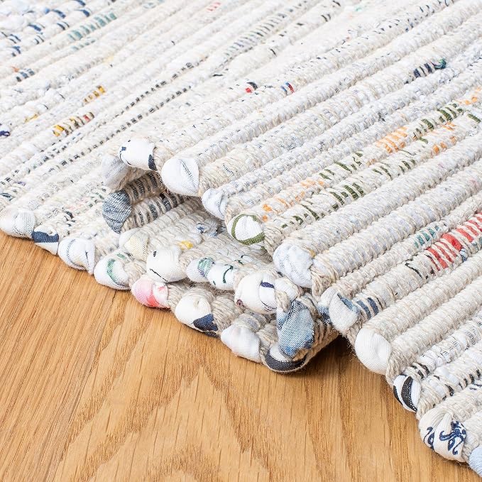 SAFAVIEH Rag Rug Collection Area Rug - 5' Square, Ivory & Multi, Handmade Boho Stripe Cotton, Ideal for High Traffic Areas in Living Room, Bedroom (RAR121G)