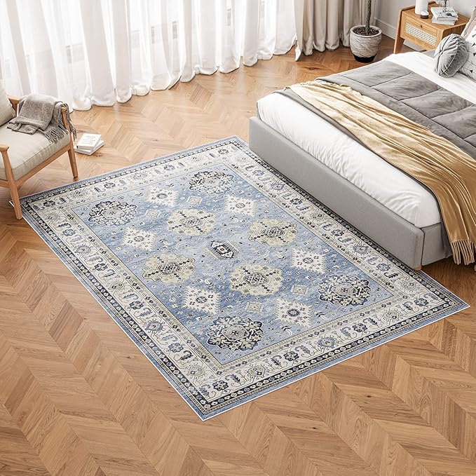 Dripex Washable Area Rug 6x9 Living Room Rug Stain & Water Resistant Foldable Thin Vintage Rugs Faux Wool Floor Carpet for Bedroom Dining Room Kitchen Bathroom Farmhouse Office