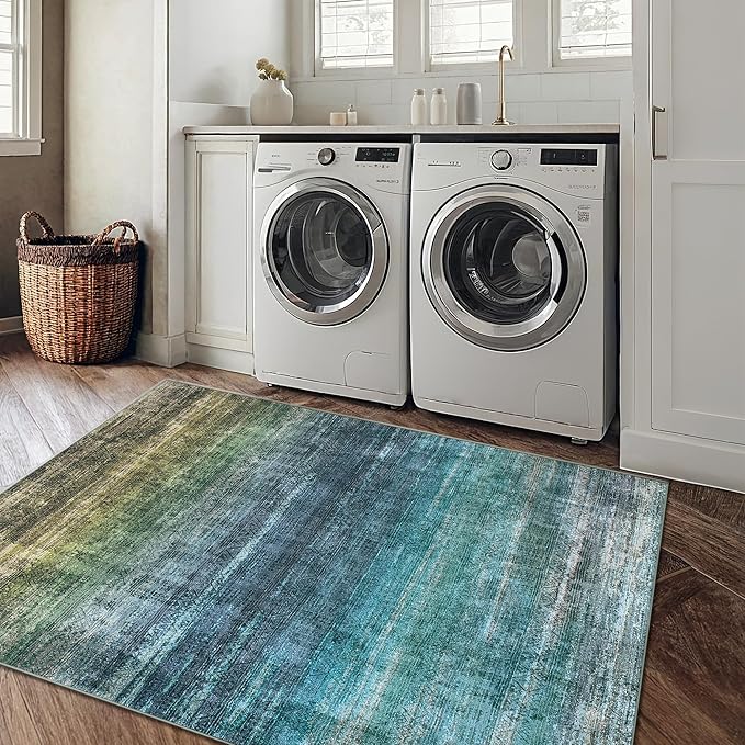 Kokia Abstract Washable Area Rug Living Room Washable 4x6 Non-Slip Stain Resistant Bohemian Rug Soft Indoor Vibrant Blue Carpet for Bedroom Room Decor, Oslo Teal