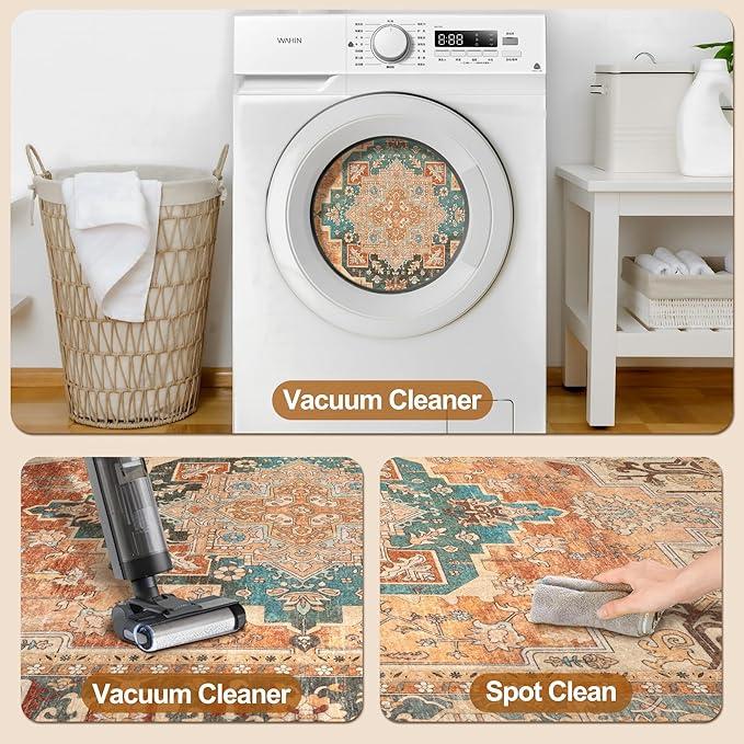 Tangsoo 5x7 Area Rug Washable for Living Room, Vintage Rug Indoor Non Slip Large Area Rugs, Print Distressed Orange Carpet, Soft Low Pile Foldable Floor Rug for Bedroom Dining Room Dorm