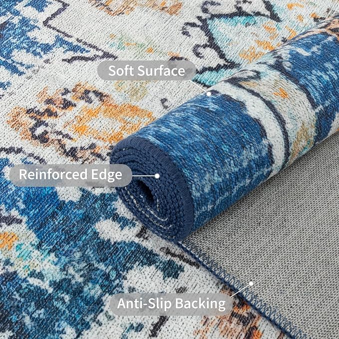 Easy-Going Large Area Rug 8x10 Washable Boho Rugs for Living Room Non-Slip Bedroom Rug Low Pile Lightweight Tangerine Vintage Throw Rug for Dining Room Kitchen Home Office Carpet, Floral Aqua Yellow