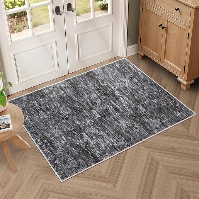 RUGSREAL Small Area Rug 2x3 Entryway Mat with Rubber Backing Stain Resistant Throw Carpet Modern Solid Color Bath Mat Contempowary Washable Rug for Living Room Bedroom Dining Room Kitchen, Dark Grey