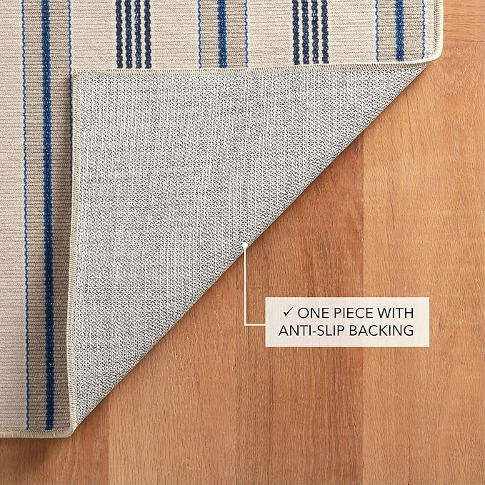 Dash and Albert Nimes Ticking Machine Washable Area Rug - 4' x 6' Neutral Stripe Washable Accent Rug - Durable, High Traffic Areas Kitchen, Mudroom, Hallways