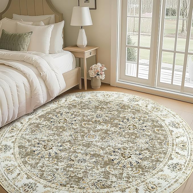 jinchan Fiora Round Rug 8ft Area Rugs - Vintage Floral Distressed Design Machine Washable Non-Slip Low-Pile Ultra-Thin Circle Rug for Living Room Dining Room Bedroom Farmhouse (8' Round, Taupe)
