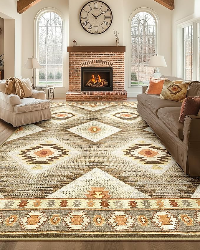 Area Rug 10x14 Rug Machine Washable Non-Slip Low Pile Print Pattern Western Rug for Living Room Bedroom Entryway Tribal Series -Cream/Camel