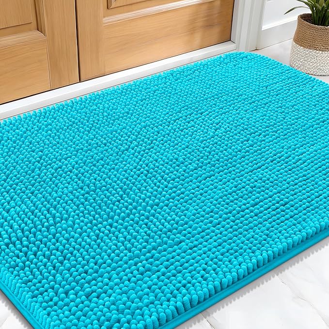 OLANLY Dog Door Mat for Muddy Paws 30x20, Absorbs Moisture and Dirt, Absorbent Non-Slip Washable Doormat, Quick Dry Chenille Mud Mat for Dogs, Entry Indoor Entryway Carpet for Inside Floor, Aqua Blue