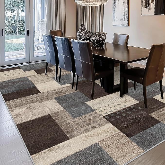 Modern Geometric Patchwork Indoor Area Rug for Living Room, Blue-Taupe 8'x 10' Large Rug Rockwood Collection Hardwood Floors Decor for Bedroom, Blue Throw Carpet for Office Entryway Dining Room