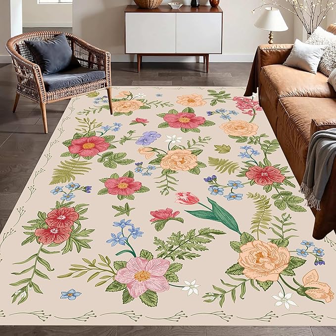 Rustic Flower Area Rug, 5x8ft, Classic Colorful Bohemian Floral Pattern with Beige Large Hall Botanical Rug, Non Slip No Crease Easy Care Girls Room Decor Carpet for Relax Room Bedroom