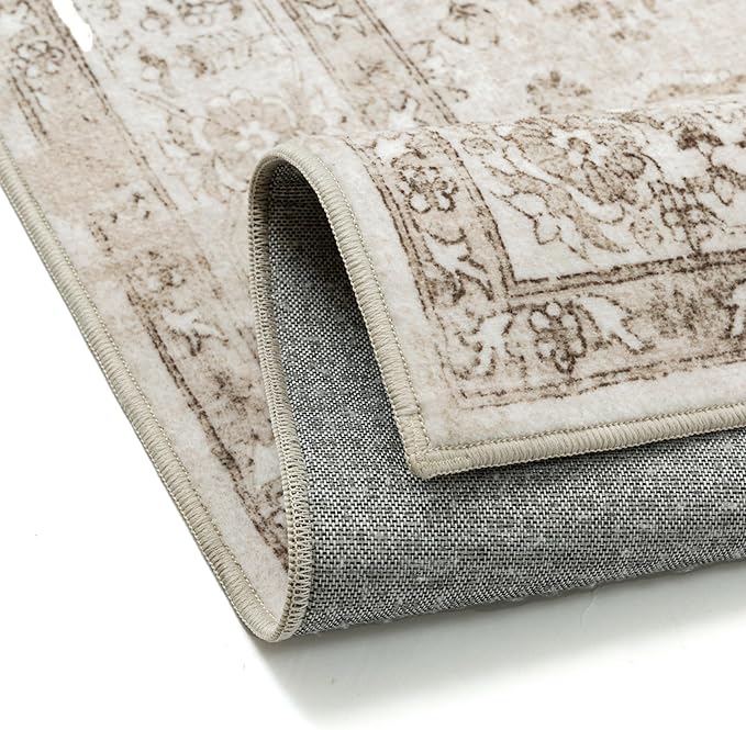 Taupe 6x9 Area Rug Washable Vintage Living Room Carpet Non Slip Retro Distressed Low Pile Soft Oriental Medallion Thin Large Throw Rug for Office Bedroom Dining Room Playroom
