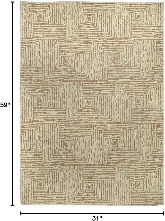 FH Home Flat Woven Outdoor Rug - Waterproof, Easy to Clean, Stain Resistant - Premium Polypropylene Yarn - Modern Geometric - Patio, Deck, Porch, Balcony - Budapest - Beige - 2ft 7in x 4ft 11in