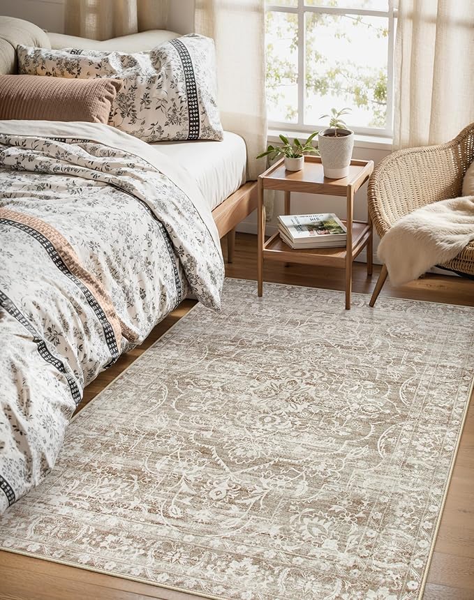 Lahome 4x6 Area Rug Living Room - Washable Office Rug Soft Dorm Rugs for Bedroom Non-Slip Ultra-Thin,Neutral Boho Print Farmhouse Indoor Rug for Entryway Classroom Taupe, 4'x6'