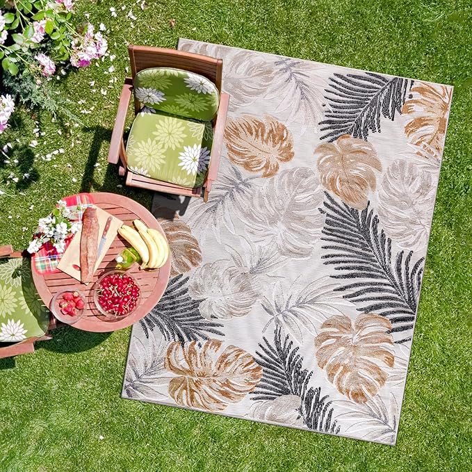 CAMILSON Indoor Outdoor Rug, Yellow 9’x12’ Leaf Tropical Botanical Area Rugs for Indoor and Outdoor patios, Easy-Cleaning Non-Shedding Living Room, Garden and Kitchen Washable Outside Carpet (9x12)
