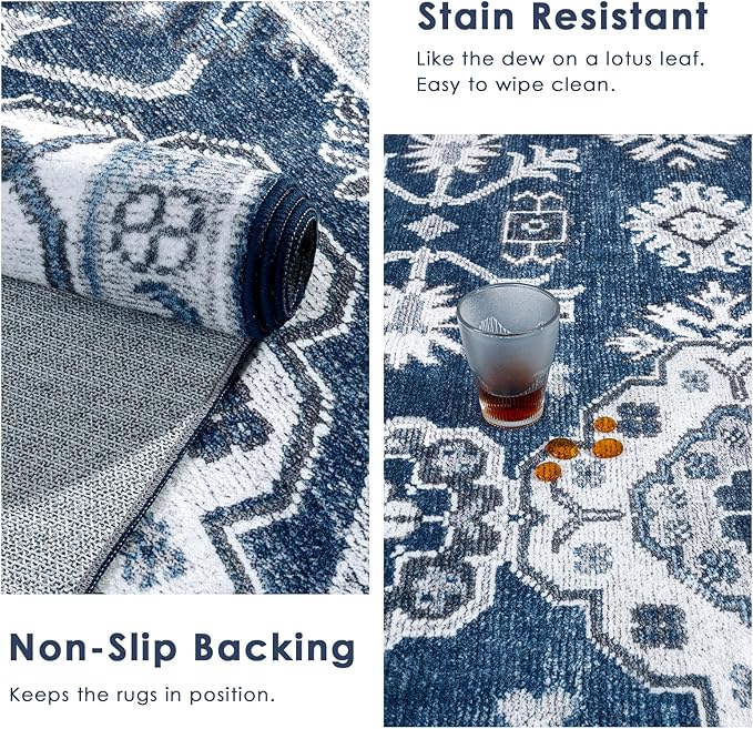 VK VK·LIVING Round Washable Rug 5'Ft Vintage Machine Washable Area Rugs with Non Slip Round Rugs for Living Room Bedroom Traditional Woven Carpet Stain Resistant Dining Home Office Boho Rug (Navy)