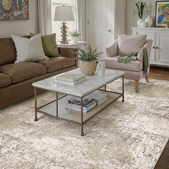 Beige Area Rug 5x7 Machine Washable Modern Abstract Living Room Carpet Non Slip Neutral Low Pile Soft Non Shedding Bedroom Contemporary Indoor Rug for Kitchen Office Laundry Dining Room