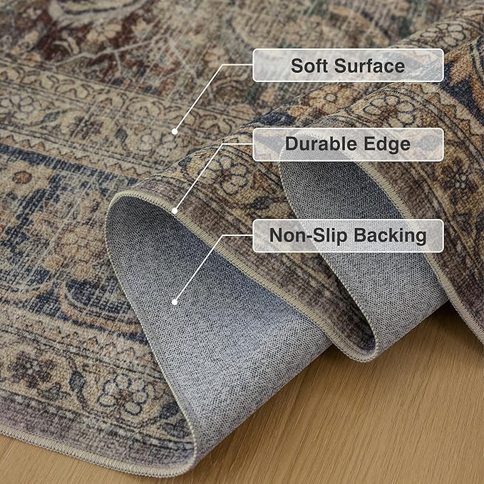 Fmfunctex 2x6 Runner Rug Brown Vintage Neutral Washable Distressed Non Slip Low Pile Indoor Carpet Soft Retro Hallway Entryway Rug for Kitchen Living Room Bedroom Bathroom Laundry Entry Bedside, Multi