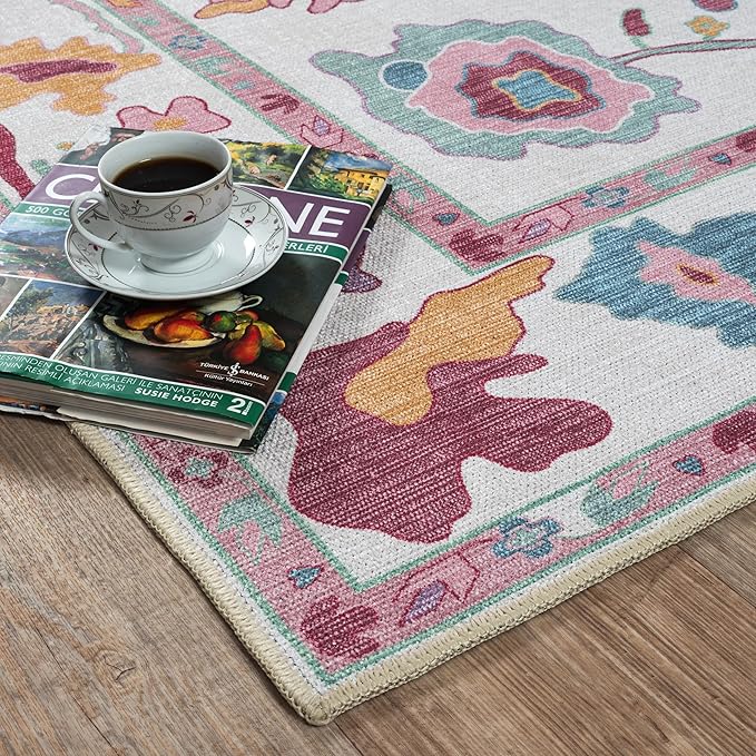 Fame Living Pink Oushak Rug, Modern, Vintage, Turkish, Eclectic, Floral, Pastel, Washable, Large Area Rugs for Living Room, Dining, Bedroom, Girls, Boys, 7'5"x9'8"