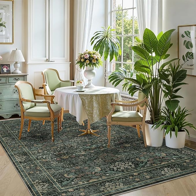 5x7 Floral Washable Area Rug for Living Room, Vintage Boho Large Rug for Bedroom Dining Room， Distressed Botanical Birds Non Slip Low Pile Forest Animal Throw Carpet for Farmhouse Office, Dark Green
