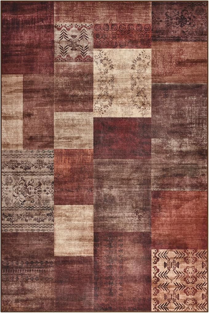 Tepook Modern Area Rug for Living Room, 6x9 Geometric Large Rugs for Bedroom, Washable Patchwork Rug Indoor Non-Slip Throw Carpets for Dining Room Office Farmhouse Home Decor, Red