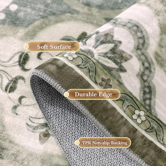 EnHomee Washable Area Rugs 4x6, Soft Area Rug for Living Room Bedroom, Boho Non Slip Low Pile Stain Resistant Washable Rug Large Carpet for Dining Room,Easy to Clean Living Room Rug, Green