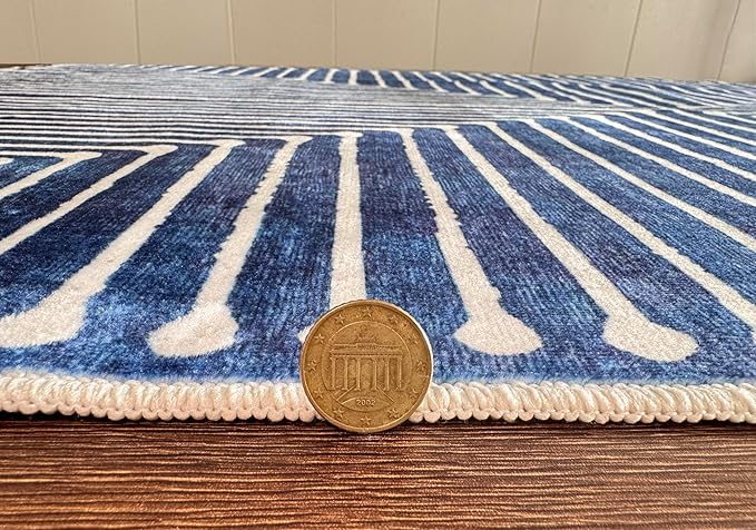 GLN Rugs Contemporary Collection - Machine Washable Area Rug, Contemporary Washable, Non Slip, Low Pile Chenille Rug, Living Room, Bedroom, Kitchen Rug (2'6" x 10' Lines Blue)
