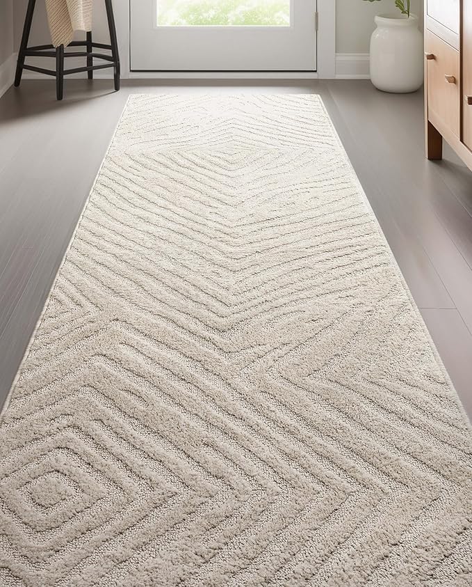 Well Woven Custom Size Hallway Stair Runner - Choose Your Length - 27 Inches Wide x 80 Feet Long Runner (27" x 80' Runner) Rug - Ivory Relajo Soft Touch, Modern Geometric - Hi-Lo Pile