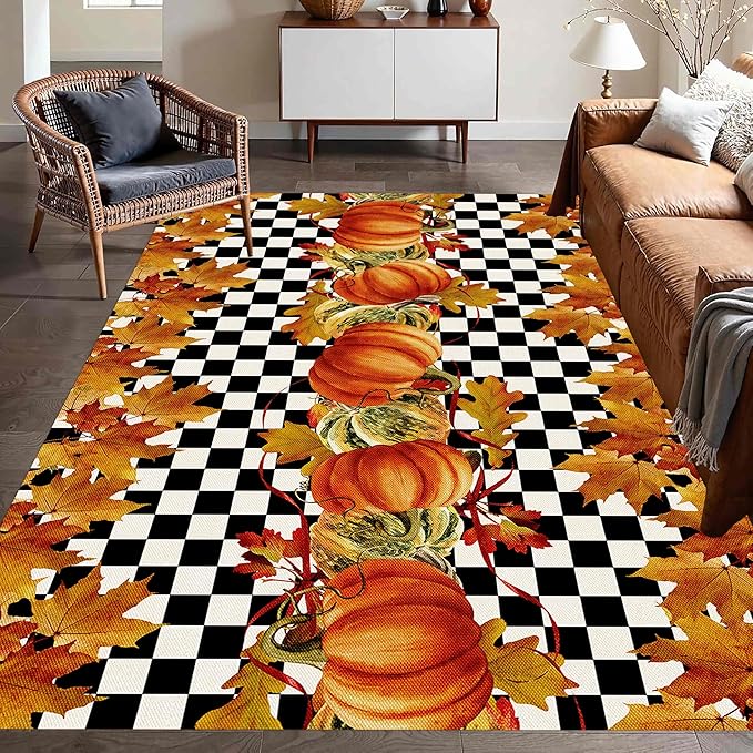 Pumpkin Area Rugs, 4x5ft, Fallen Leaves Autumn Harvest Pumpkins Black and White Checkered Rug, Ultra-Thin Rubber Non Slip Geometric Carpet for Living Room Playroom