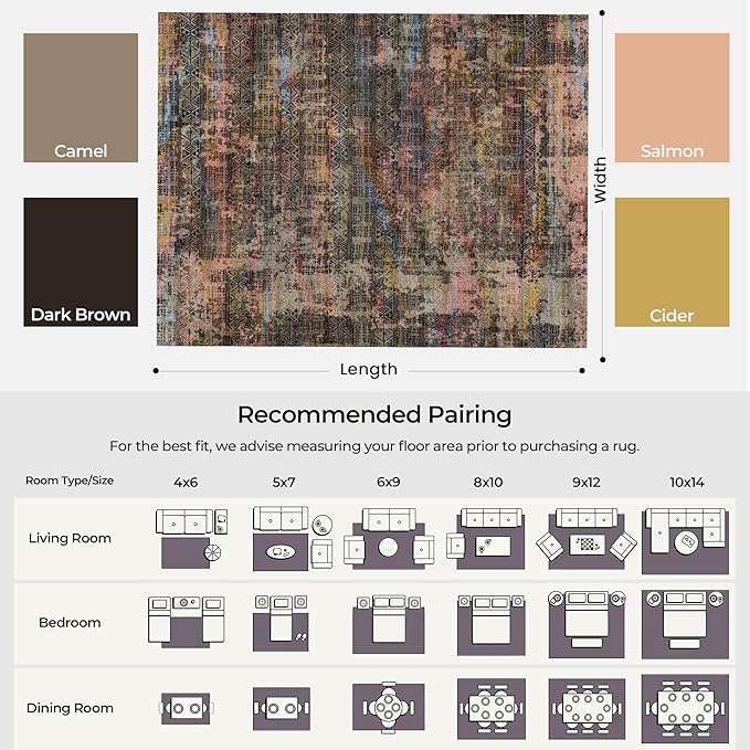 Kokia Abstract Area Rugs 8x10 Bedroom Soft Living Room Rugs Washable Distressed Vintage Comfy Brown Yellow Carpet with Non-Slip Backing for Farmhouse Home Office Room Decor, Oslo Fireworks