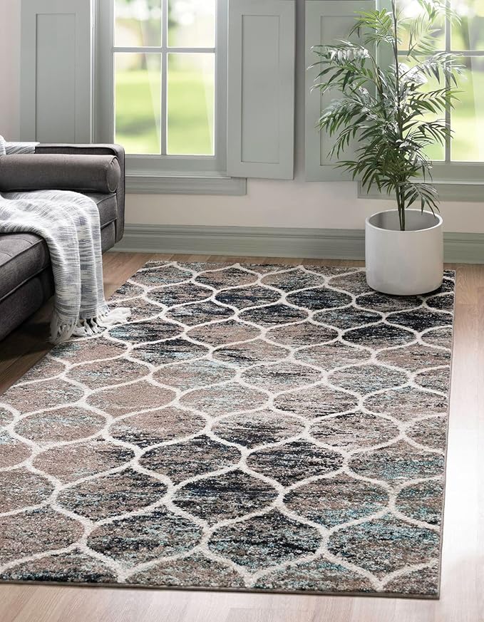 Rugs.com Lattice Frieze Collection Rug – 8' x 10' Blue Multi Medium Rug Perfect for Living Rooms, Large Dining Rooms, Open Floorplans