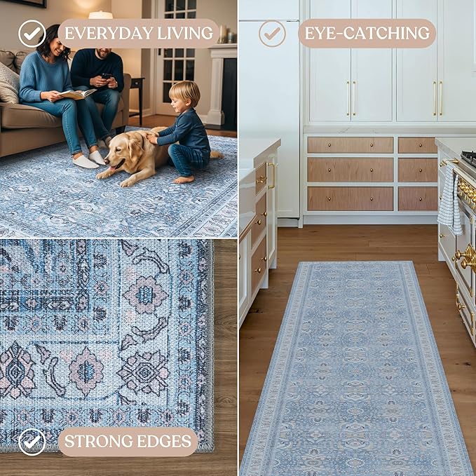 Fame Living Washable Area Rug. Modern Farmhouse. Vintage. Turkish. Bohemian. Distressed. Oriental. Traditional. Rugs for Living Room. Dining. Bedroom. Office. Entryway. Foyer. (866CBl, 2'5" x 9'8")