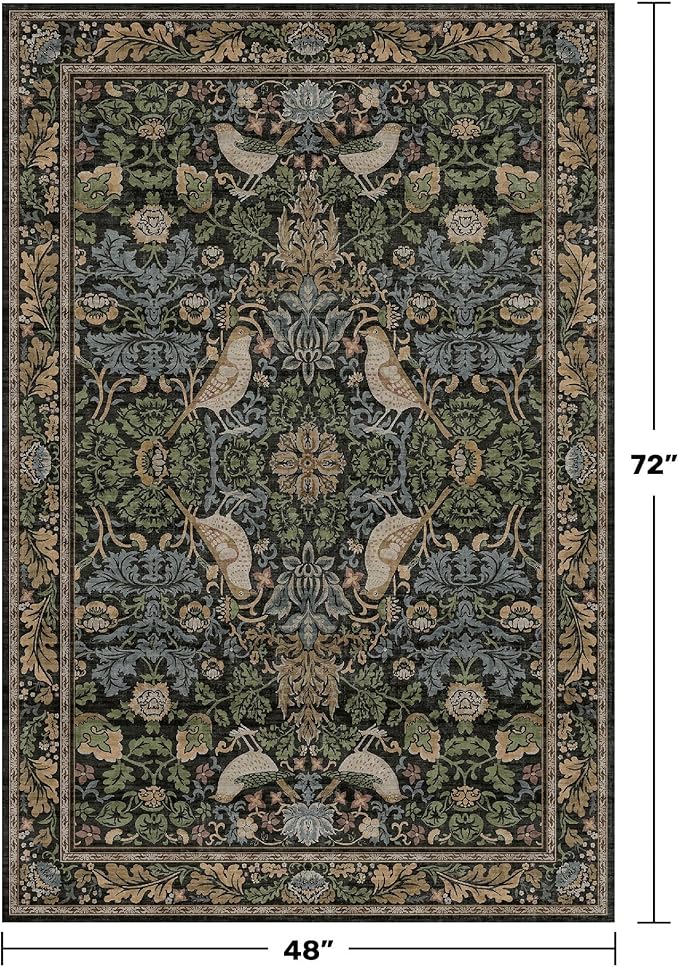 Washable 4x6 Area Rug for Living Room - Moody Accent Rug for Kitchen, Office, Large Entryway, Rustic Botanical Decor, Non-Slip Low Pile Ultra Soft Carpet